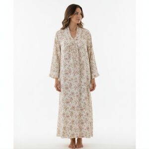 Vintage Christian Dior Long Night Gown Satin Robe Grandma Style Floral Size L